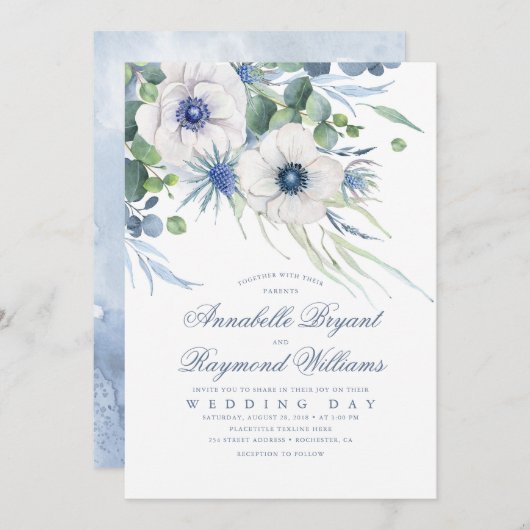 Invitation Thistle Anemone Verdure Dusty Blue Mariage (Devant / Derrière)