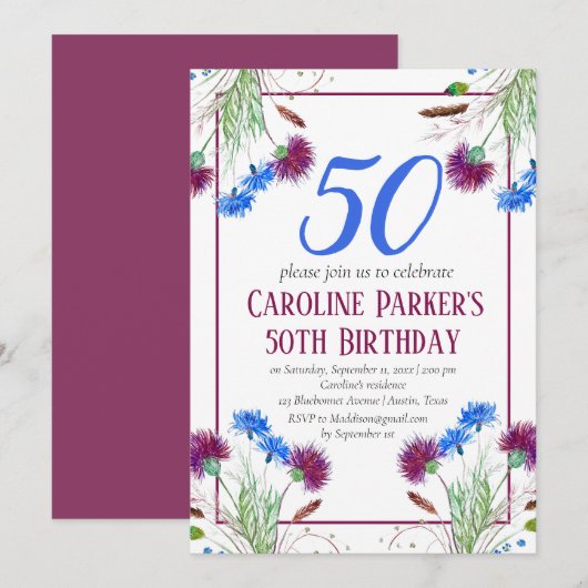 Invitation Thistle Scottish 50th Birthday Purple Floral (Devant / Derrière)