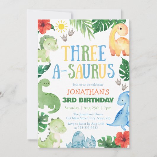 Invitation Three A-Saurus Dino 3rd Birthday (Devant)