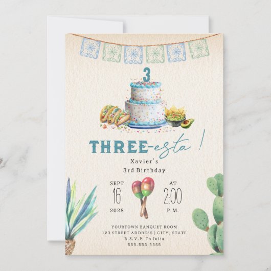 Invitation Three Esta Boys Blue Third Birthday Fiesta (Devant)