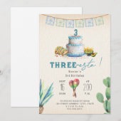 Invitation Three Esta Boys Blue Third Birthday Fiesta (Devant / Derrière)