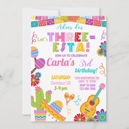 Invitation Three-esta Fiesta girl 3rd birthday invitation. (Devant)