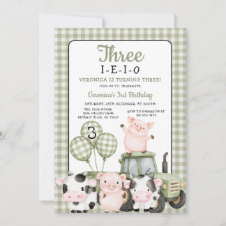 Invitation Three-I-E-I-O Birthday Sage Green farm animal