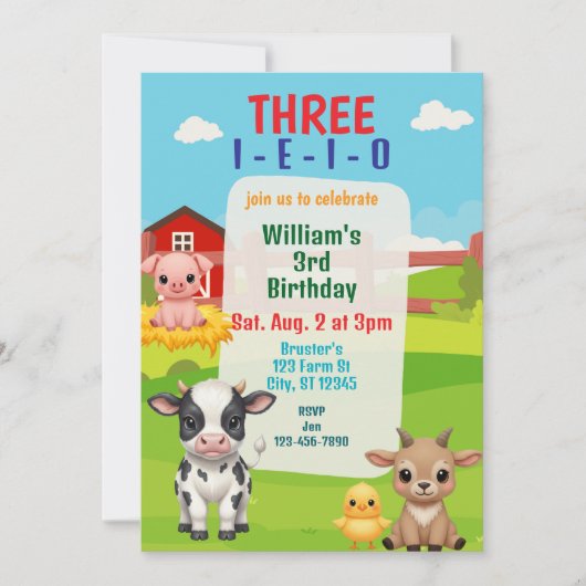 Invitation Three I-E-I-O, Cute Farm Animal 3rd Birthday (Devant)