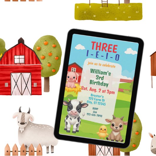 Invitation Three I-E-I-O, Cute Farm Animal 3rd Birthday