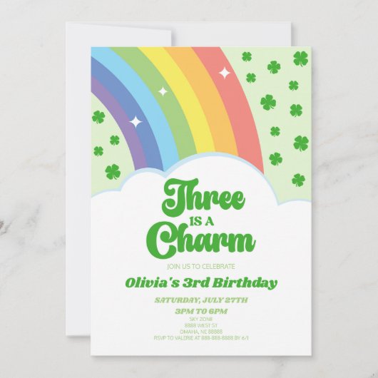 Invitation Three Is A Charm Rainbow 3e fête d'anniversaire (Devant)