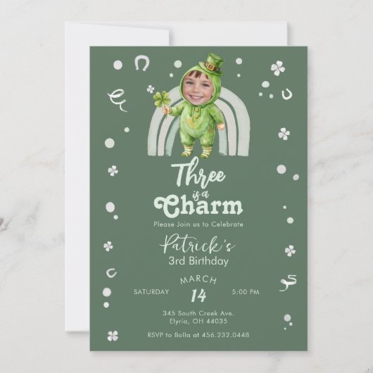 Invitation Three Is A Charm Shamrock Any Age Birthday Photo (Devant)
