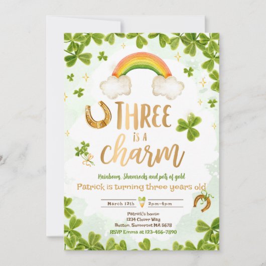 Invitation Three Is A Charm St Patrick's 3rd Birthday Party (Devant)