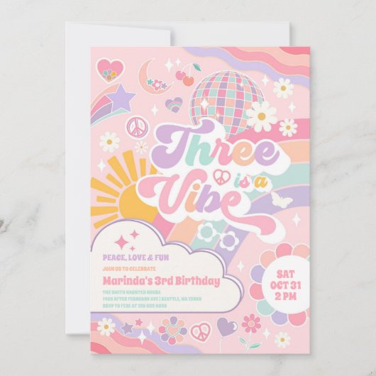 Invitation Three Is A Vibe Sun Rainbow Disco 3rd Birthday (Devant)