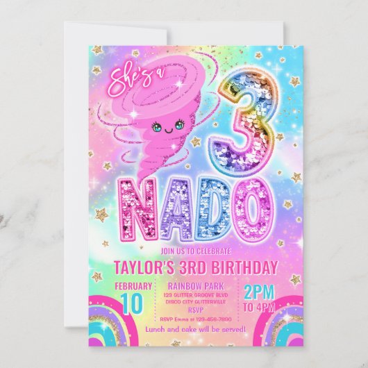 Invitation Three Nado Rainbow Glitter 3rd Birthday Party  (Devant)