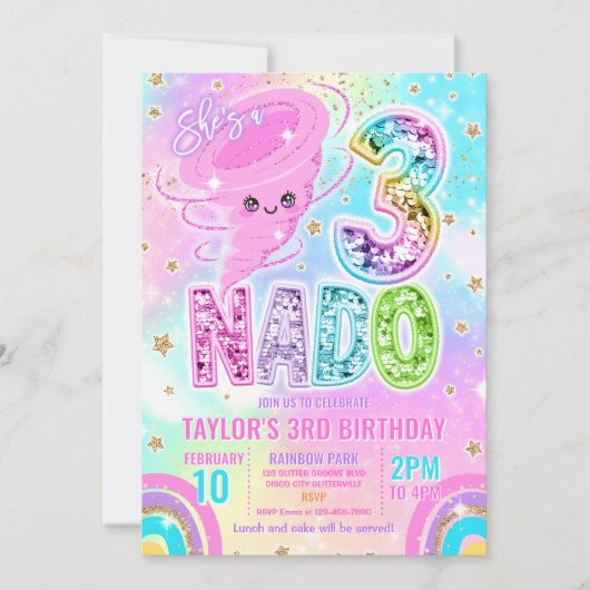 Invitation Three Nado Rainbow Glitter 3rd Birthday Party  (Devant)