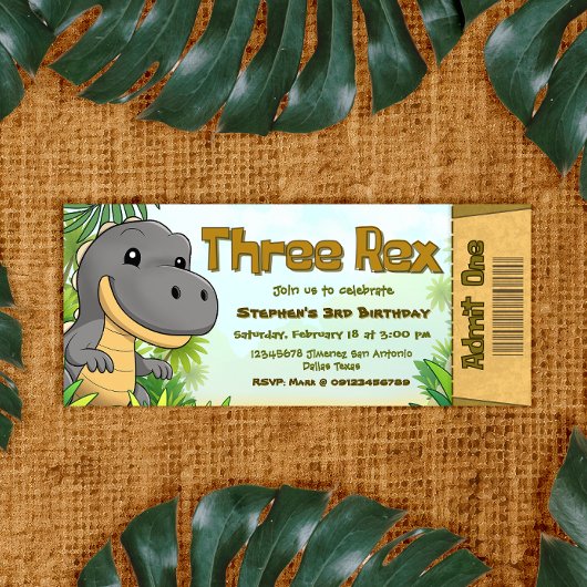 Invitation Three Rex Boy 3rd Birthday Ticket