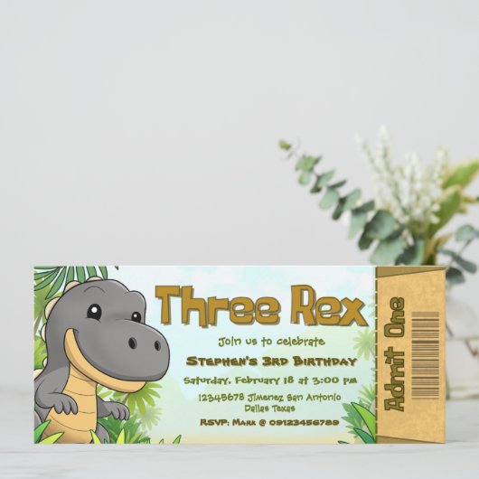 Invitation Three Rex Boy 3rd Birthday Ticket (Debout devant)