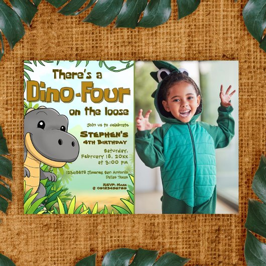 Invitation Three Rex Boy 4th Birthday with Photo