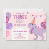 Invitation Three Rex Girl Invitation. T-Rex 3rd Birthday (Devant)