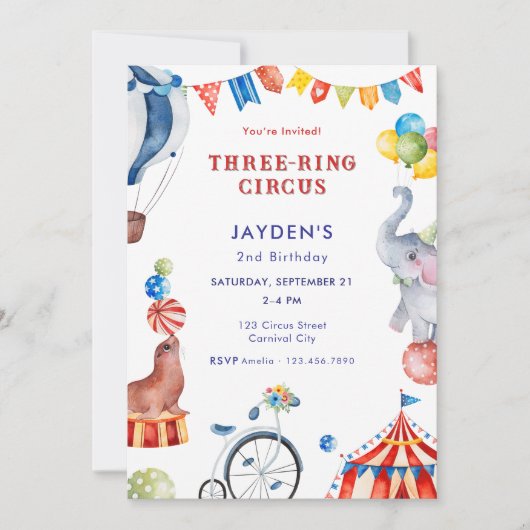 Invitation Three Ring Circus 2nd Birthday Carnival Animal (Devant)