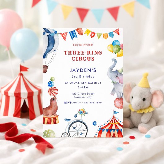 Invitation Three Ring Circus 3rd Birthday Carnival Animal