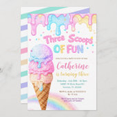 Invitation Three Scoops Of Fun Ice Cream Birthday Party  (Devant / Derrière)