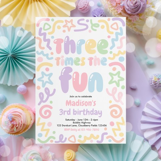 Invitation Three Times The Fun Confetti Balloon 3rd Birthday 