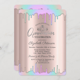Invitation Tiara, Arc-en-ciel gouttes Rose Gold Quinceañera