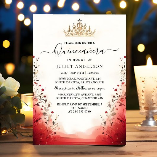 Invitation Tiara Black Lace Red Quinceanera