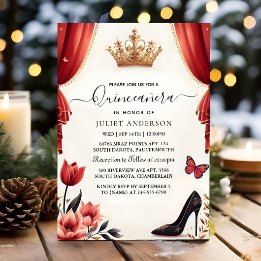 Invitation Tiara Black Lace Rouge Quinceanera
