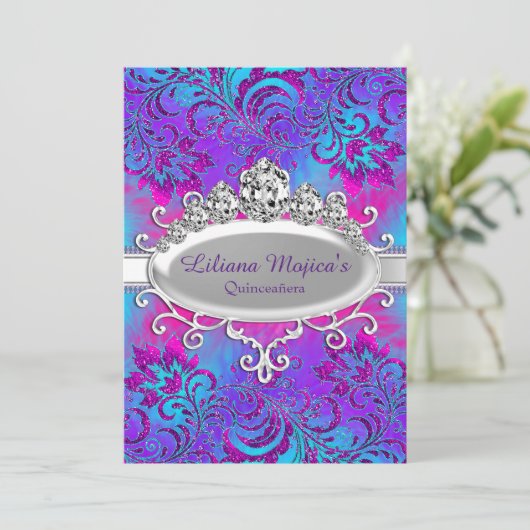 Invitation Tiara bleu violet et Parties scintillant Quinceane (Debout devant)