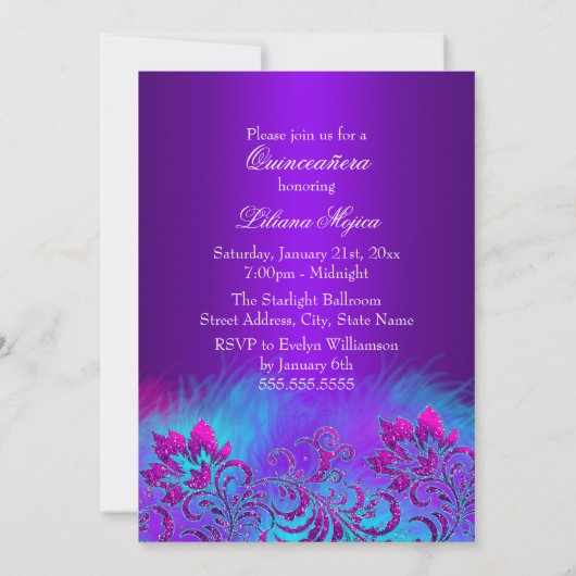 Invitation Tiara bleu violet et Parties scintillant Quinceane (Dos)