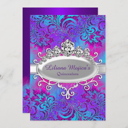 Invitation Tiara bleu violet et Parties scintillant Quinceane (Devant / Derrière)