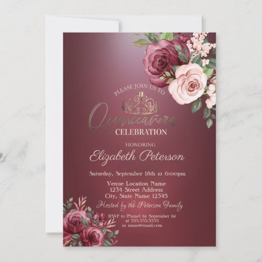 Invitation Tiara, Bourgogne Fleurs Roses Quinceañera (Devant)
