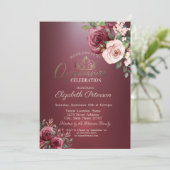 Invitation Tiara, Bourgogne Fleurs Roses Quinceañera (Debout devant)