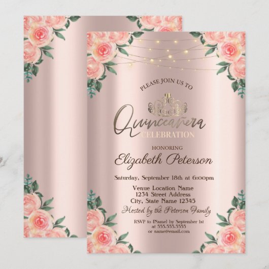 Invitation Tiara, Chaîne Rose Quinceañera (Devant / Derrière)