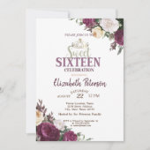 Invitation Tiara, Confetti Bourgogne Fleurs Douce 16 Partie (Devant)