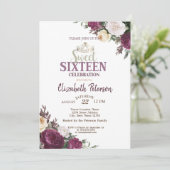 Invitation Tiara, Confetti Bourgogne Fleurs Douce 16 Partie (Debout devant)