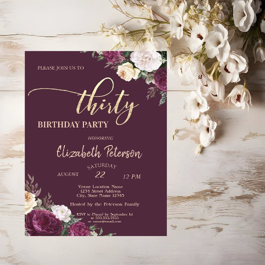 Invitation Tiara, Confetti Bourgogne Floral 30e Anniversaire