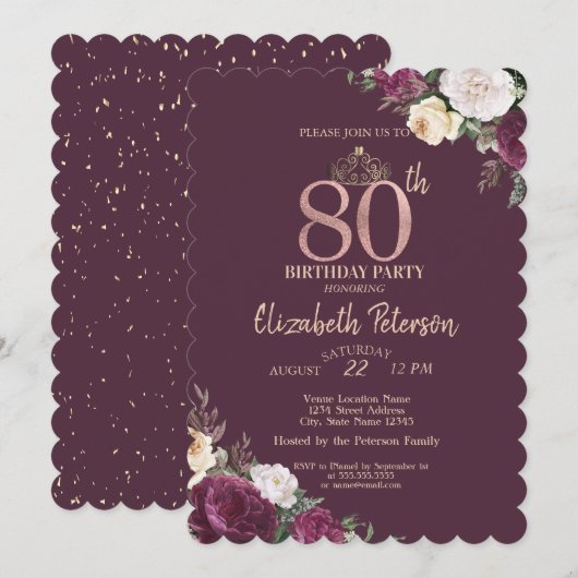 Invitation Tiara, Confetti Bourgogne Floral 80e Anniversaire (Devant / Derrière)