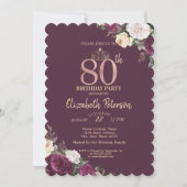 Invitation Tiara, Confetti Bourgogne Floral 80e Anniversaire (Devant)