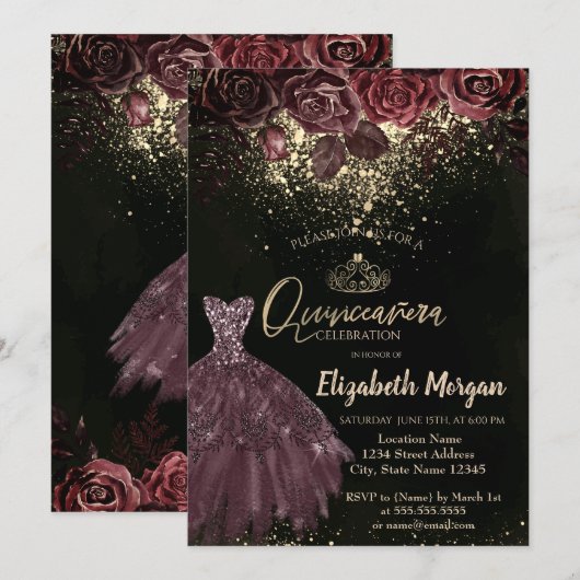 Invitation Tiara, Confetti Burgundy Fleurs Robe Quinceañera (Devant / Derrière)