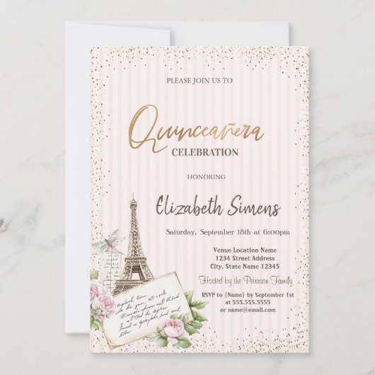 Invitation Tiara,Confetti,Eiffel Tower Roses Striped (Devant)