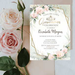 Invitation Tiara, Diamants, Aquarelle Rose Vert Quinceañera