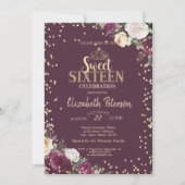 Invitation Tiara, Diamants Bourgogne Floral Sweet 16 Partie (Devant)