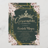 Invitation Tiara, Diamants Fleurs Boho Vert Quinceañera (Devant / Derrière)