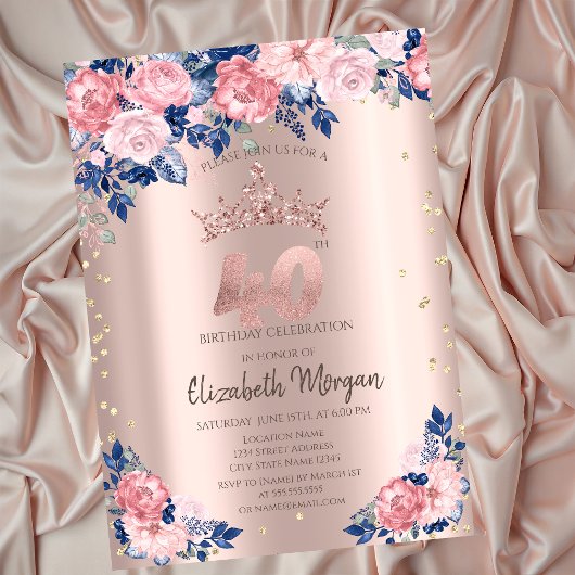 Invitation Tiara Diamonds Bleu Rose Rose Or 40e anniversaire