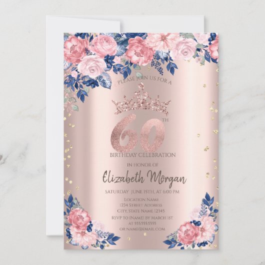 Invitation Tiara Diamonds Bleu Rose Rose Or 60e anniversaire (Devant)