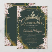 Invitation Tiara,Diamonds Boho Fleurs Vert Quinceañera (Devant / Derrière)