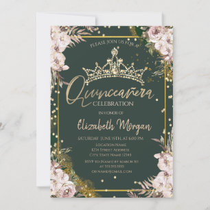 Invitation Tiara,Diamonds Boho Fleurs Vert Quinceañera 