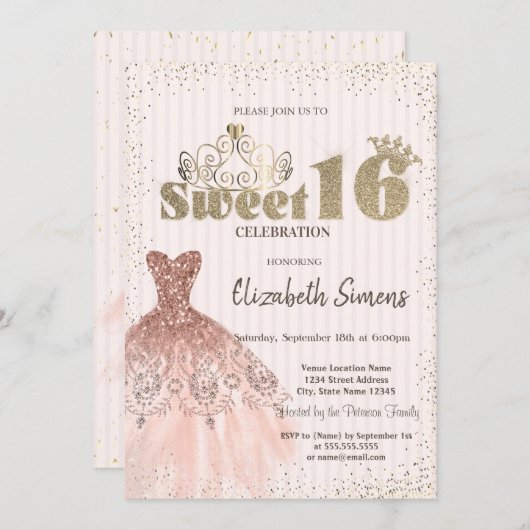 Invitation Tiara d'or, Confetti, Robe, Douceur rayée 16 (Devant / Derrière)