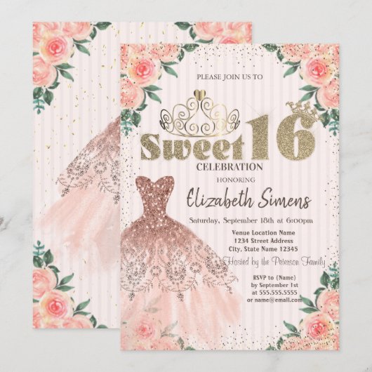 Invitation Tiara d'or, Confetti, Robe, Doux floral rayé 16 (Devant / Derrière)