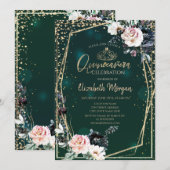 Invitation Tiara d'or, Diamants Chic Fleurs Quinceañera (Devant / Derrière)