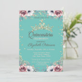Invitation Tiara d'or, Diamants Fleurs Mint Green Quinceañera (Debout devant)